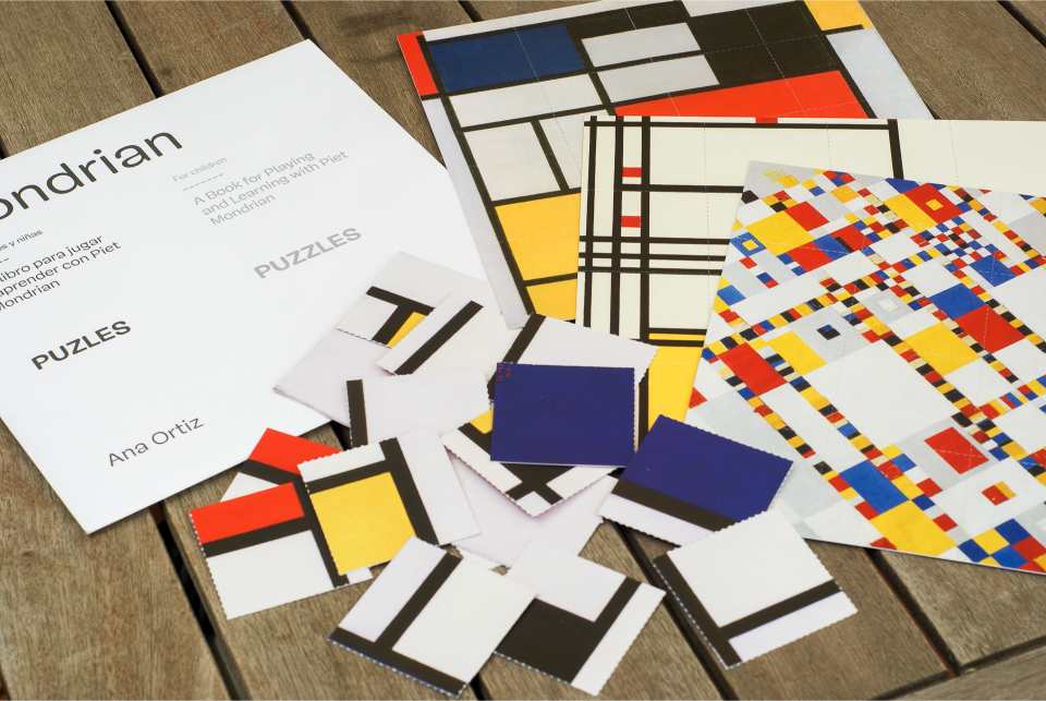 puzles y láminas de Mondrian para explorar situaciones de aprendizaje con arte en familia.